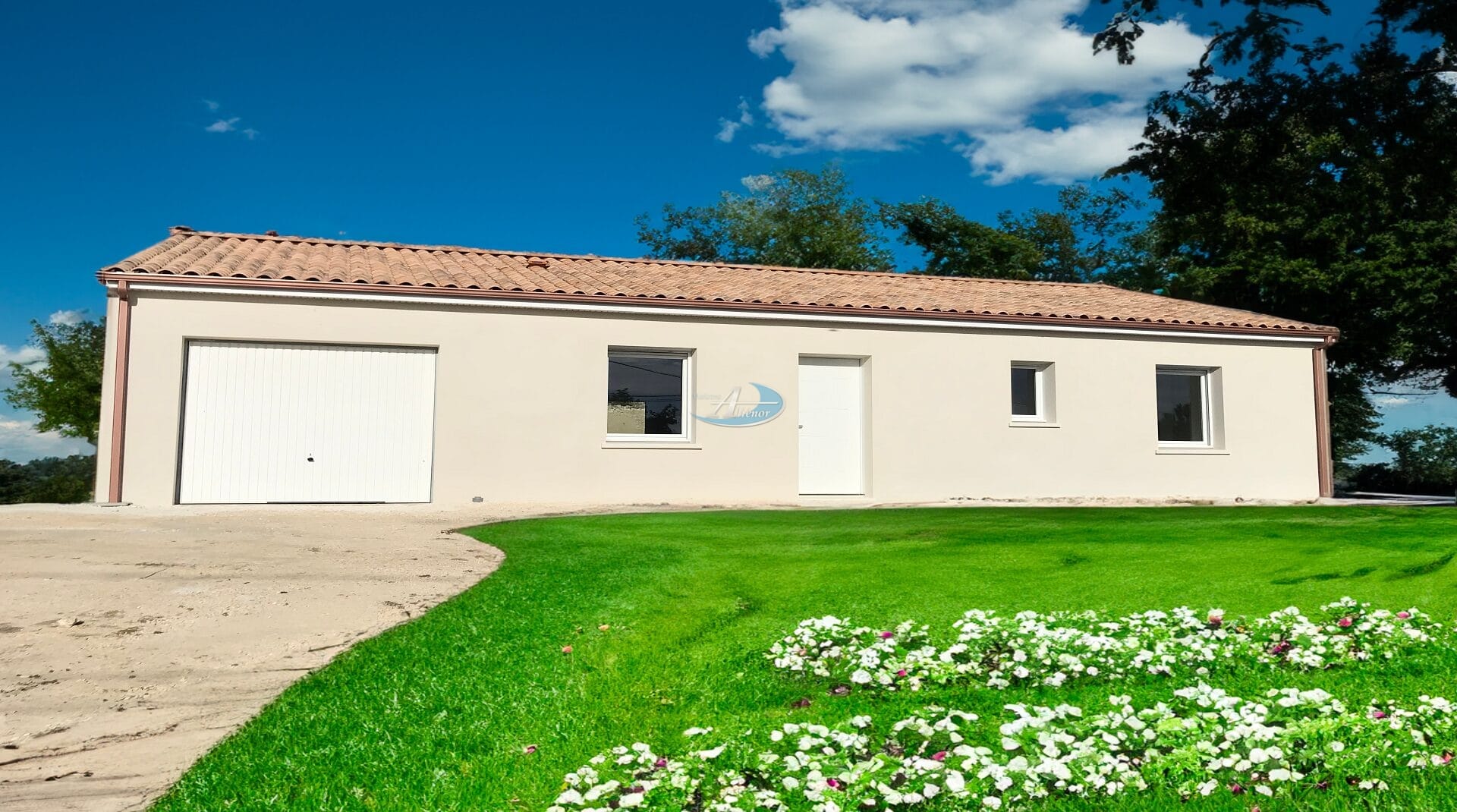 Photo d'une maison moderne de 85 m², conforme aux normes RE 2020, située sur un terrain de 1 000 m² à Chancelade.