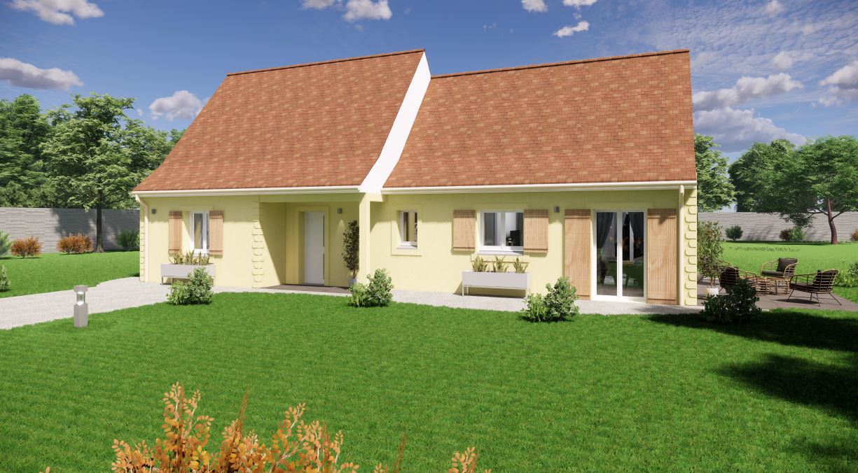 Modèle de maison Laka : maison moderne de plain-pied, lumineuse, avec une grande pièce de vie, cuisine ouverte, trois chambres et salle d'eau. Toiture personnalisable pour un confort optimal et une efficacité énergétique renforcée.