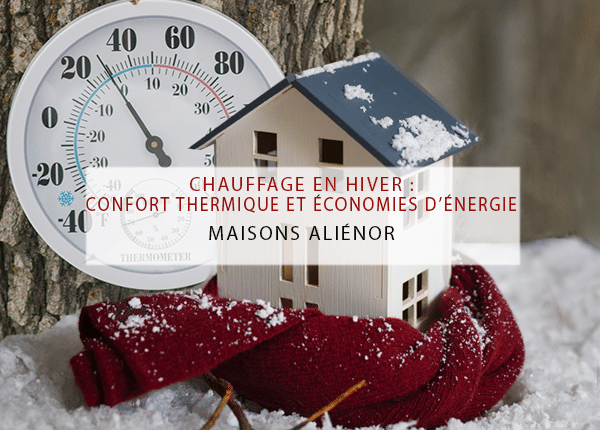 Un thermomètre rond placé devant un tronc d'arbre, à côté d'une maison, symbolisant le contrôle de la température et l'importance du confort thermique en hiver, accompagné d'une écharpe suggérant la notion de chaleur et de protection contre le froid.