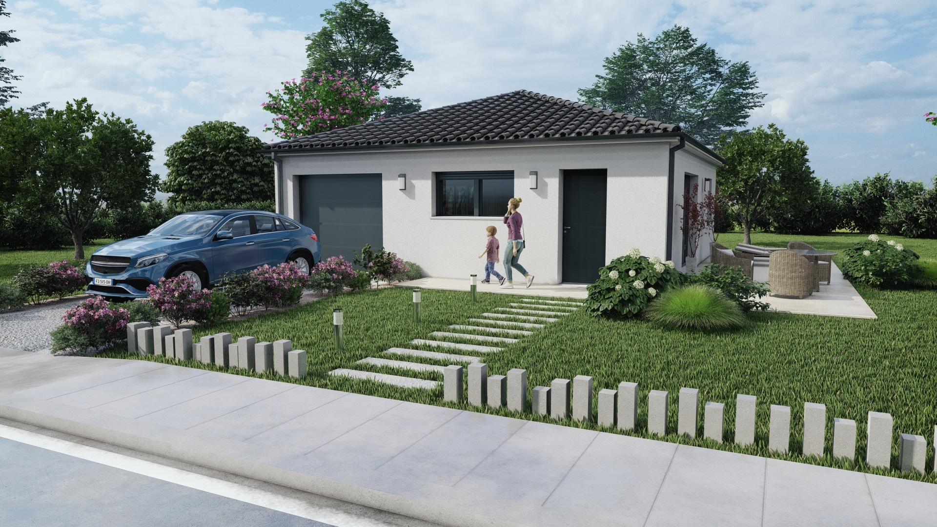 Vue extérieure de la maison modèle Emma avec un toit et menuiserie anthracite élégant.