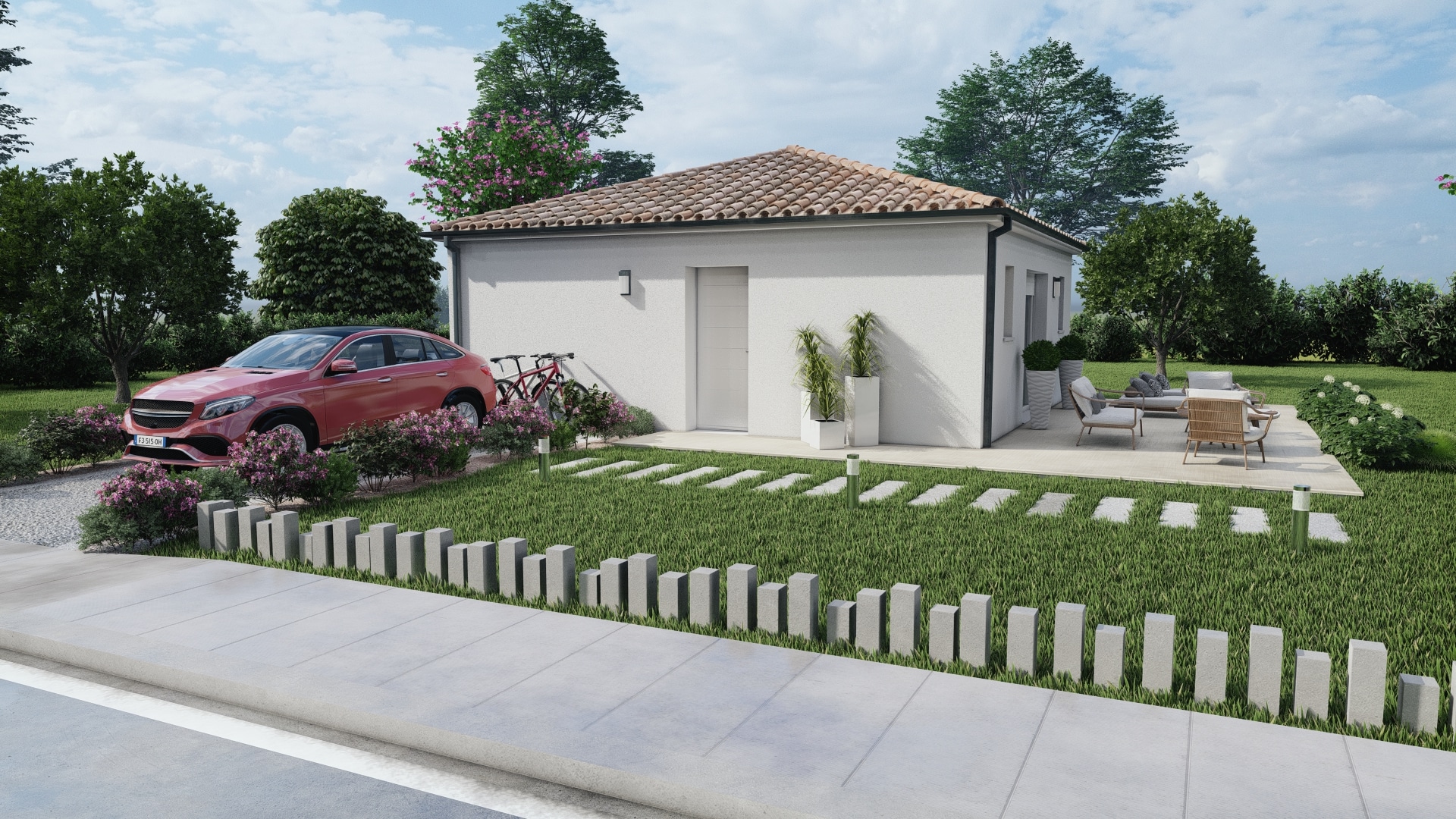 Vue d'entrée du modèle de maison Iris avec menuiserie blanche