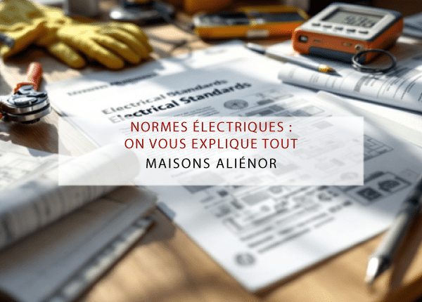 Document détaillant les normes électriques, accompagné d'outils de mesure et de crayons, sur une table de travail.